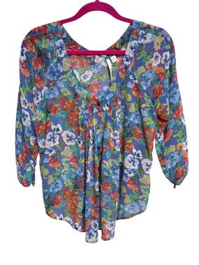 LC Lauren Conrad Floral V-Neck Peasant Blouse - Blue Multi Size M